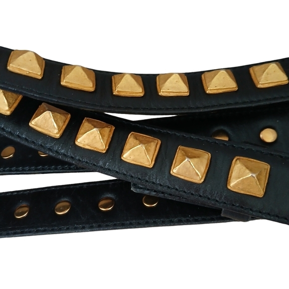 60\'s RARE Vintage Rena Lange Double Strap Belt Leather Bronze Tone Grommets  XS